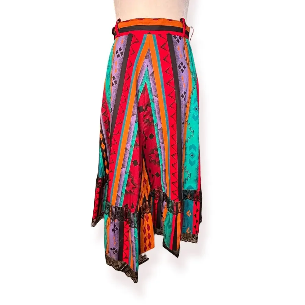 Vintage Handmade Southwestern Geometric Flowing Midi Skirt Lace Trim‎ Boho Ranch